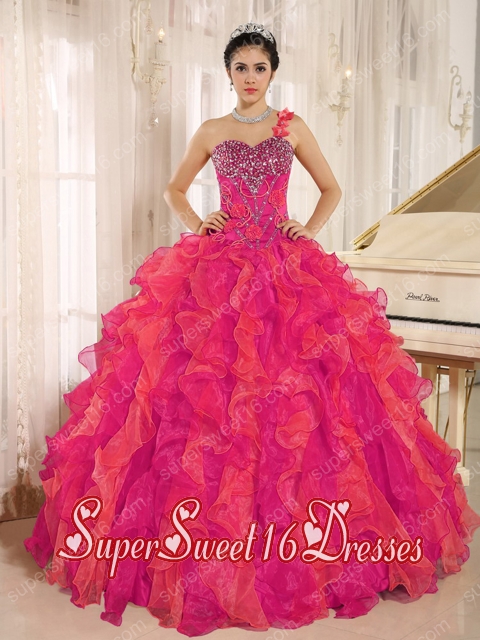 New Style Custom Made In Red With One Shoulder Beaded Decorate Ruffles Sweet 16 Dresses