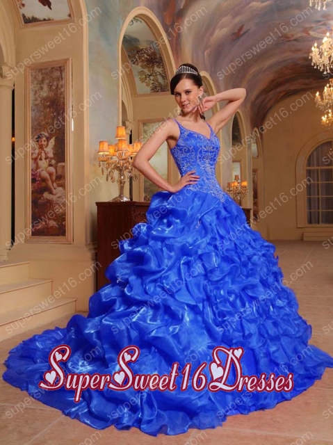 Organza Blue Spaghetti Straps A-line Appliques and Pick Ups Brush Train Perfect Sweet 16 Dress