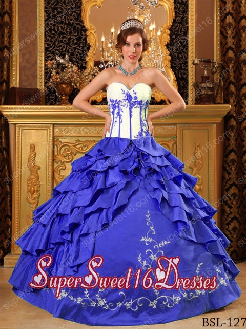 15th Birthday Party Dresses in Royal Blue and White with Ruffles and Embroidery
