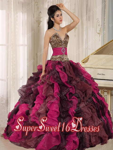 V-neck Multi-color Popular Leopard Ruffles Sweet 16 Dresses with Beading