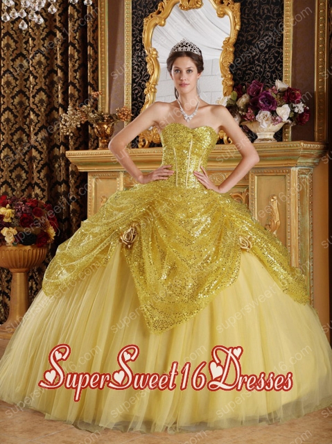 Gold Ball Gown Simple Sweetheart Sequined and Tulle Handle Flowers Sweet Sixteen Dresses
