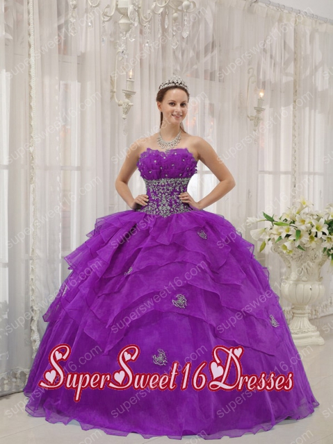 Purple Ball Gown Strapless Floor-length Organza Beading Simple Sweet Sixteen Dresses