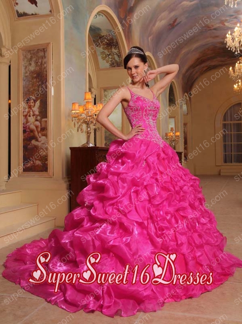 Simple Hot Pink Ball Gown Spaghetti Straps Floor-length Organza Embroidery Sweet Sixteen Dresses