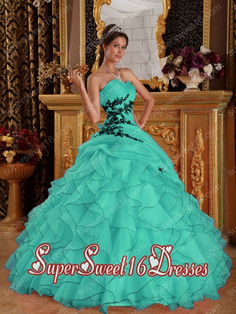 Turquoise Sweetheart With Floor-length Organza Appliques Sweet 16 Ball Gowns
