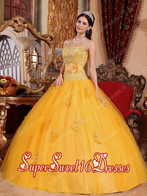 Gold Ball Gown Sweetheart Floor-length Tulle Appliques Simple Sweet Sixteen Dresses