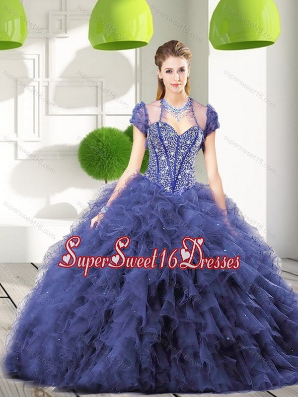 New Style Navy Blue Sweet 16 Dresses with Beading and Ruffles for 2015