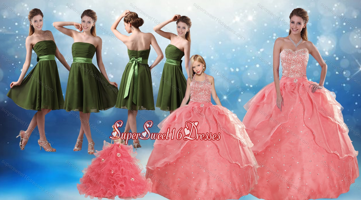 Beading Sweetheart 2015 Watermelon Quinceanera Dress and Strapless Knee Length Prom Dresses and Watermelon Halter Top Little Girl Dress