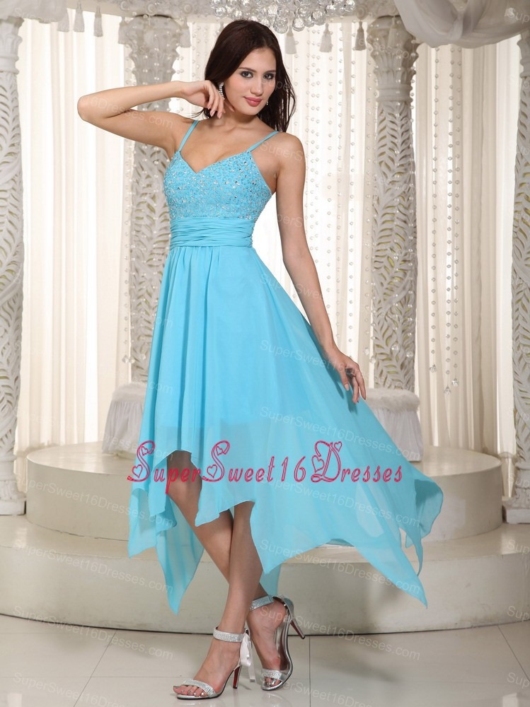 Baby Blue Empire Straps Asymmetrical Chiffon Ruch Dama Dresses for Sweet 16