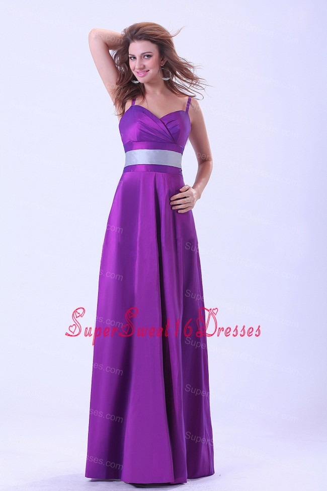 Purple Dama Dress With Belt Spaghetti Straps Floor-length