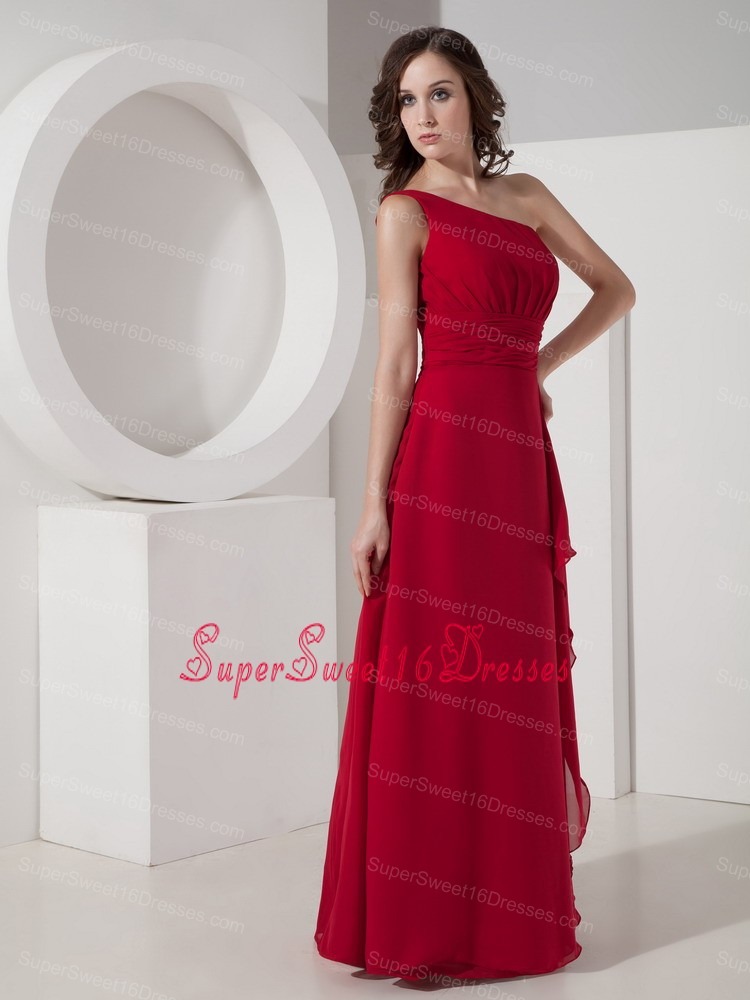 Red Empire One Shoulder Floor-length Chiffon Sweet 16 Quinceanera Dama Dresses