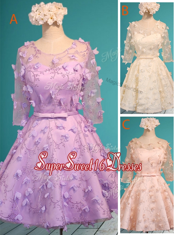 Exclusive See Through Scoop Half Sleeves Dama Dress with Appliques and Belt