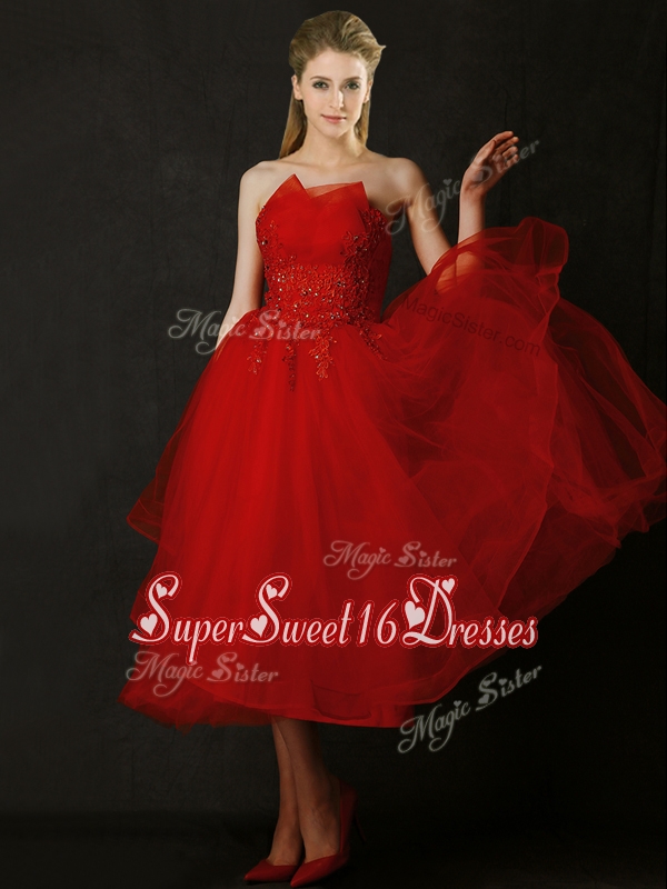 2016 Elegant Tea Length Applique Red Dama Dress with Asymmetrical Neckline