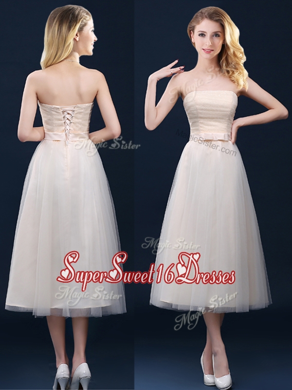 2016 Low Price Strapless Belt Champagne Long Dama Dress in Tulle