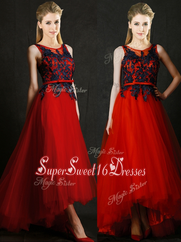 2016 Perfect High Low Belted and Black Applique Dama Dress in Red