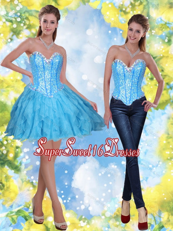 2015 Elegant Short Beading and Ruffles Baby Blue Quinceanera Dama Dresses