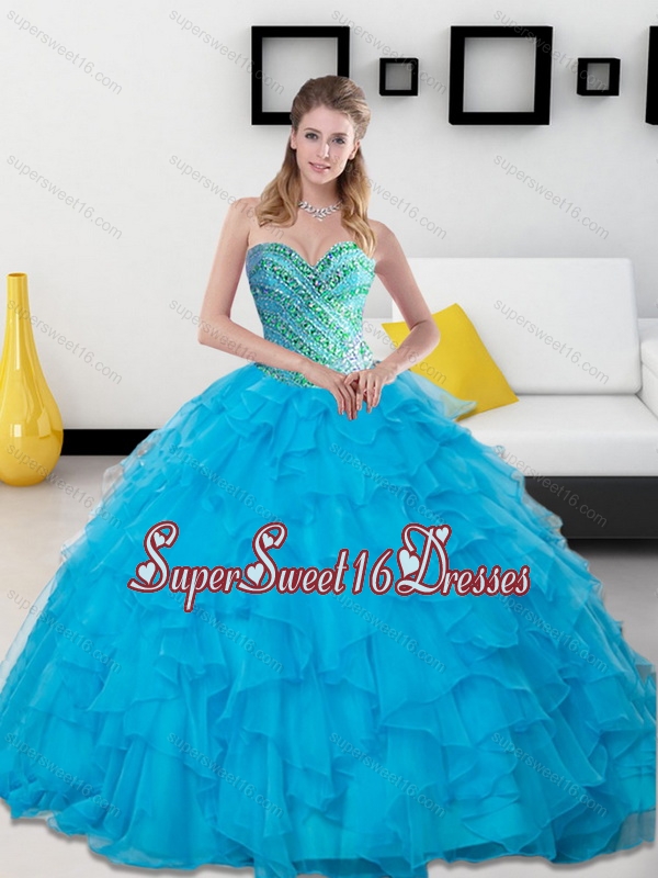 Modest 2015 Baby Blue Beading and Ruffles Sweetheart Quinceanera Dresses