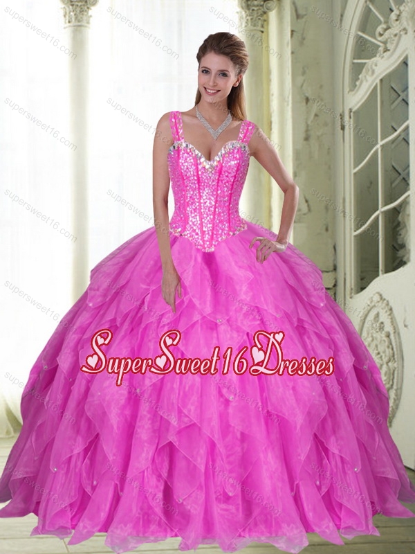 New Style Sweetheart Beading and Ruffles Fuchsia Sweet 16 Dresses for 2015