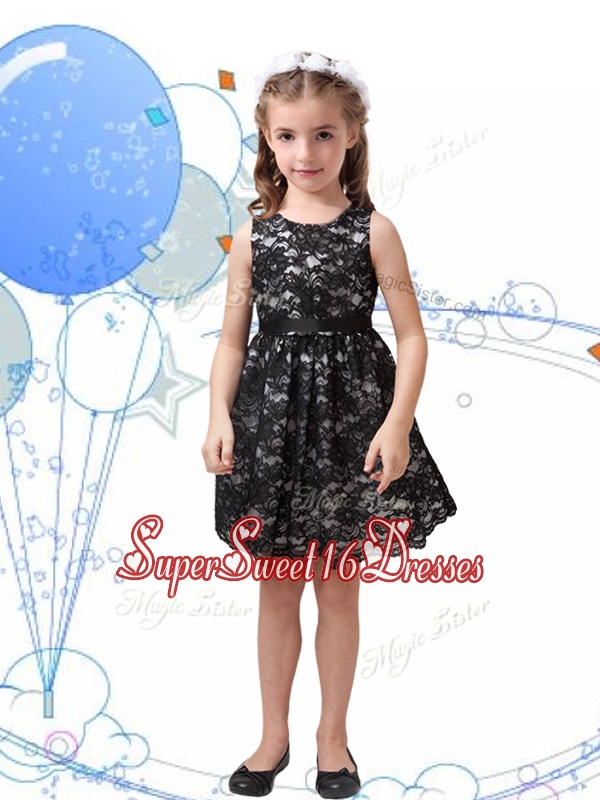 Romantic Scoop Black Little Girl Pageant Dress with Sashes and Lace