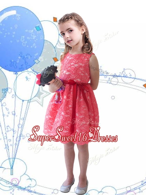 New Style Scoop Sashes and Lace Mini Quinceanert Dress in Coral Red