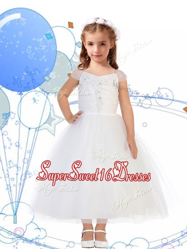 Top Selling Square Cap Sleeves Appliques Mini Quinceaner Dress in White
