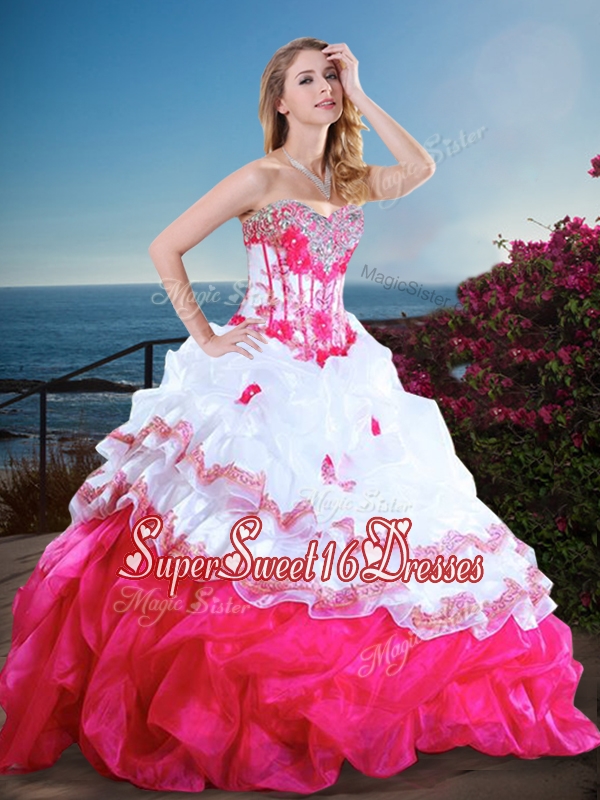 Visible Boning Beaded and Ruffled Cheap Sweet Sixteen Dress in Hot Pink and White