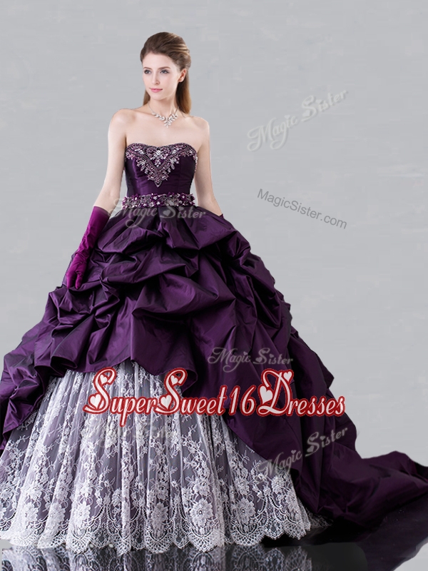 Pretty Brush Train Beaded and Bubble Cheap Sweet Sixteen Dress in Taffeta and Lace