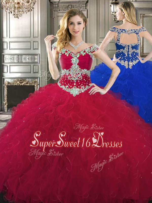 Classical Off the Shoulder Cap Sleeves Sweet 16 Dress with Beading and Ruffles