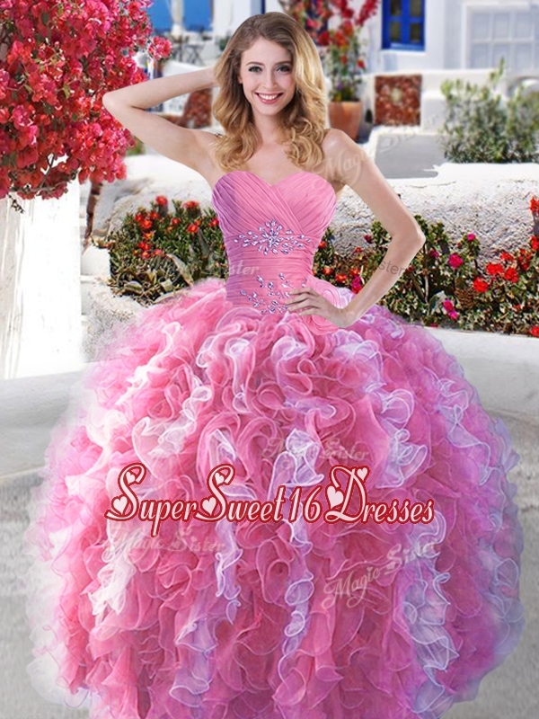 Popular Rose Pink and White Sweet 16 Dress with Beading and Ruffles