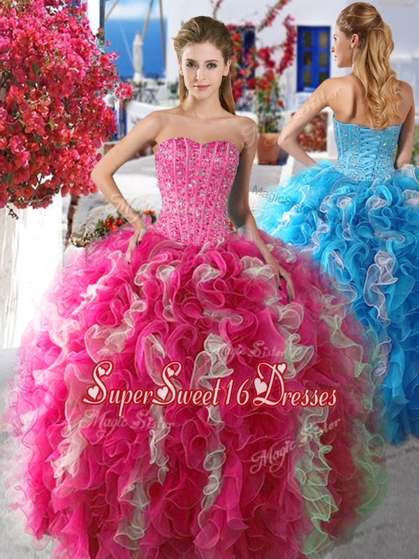 Romantic Rose Pink and White Organza Sweet 16 Dress with Beading and Ruffles