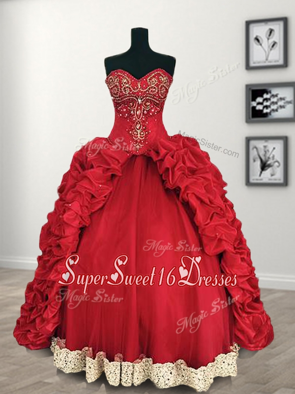 Comfortable Red Big Puffy Quinceanera Dress with Beading and Pick Ups