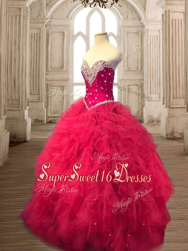 Classical Beaded and Ruffled Tulle Quinceanera Dress in Red