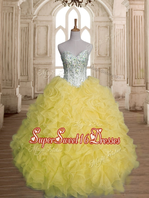 Discount Beaded and Ruffled Organza Quinceanera Dress in Yellow