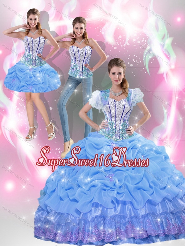 New Style Beaded Baby Blue Military Ball Dresses with Appliques and Pick Ups for Summer