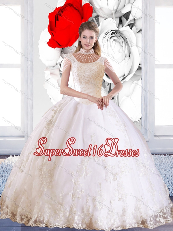 Popular 2015 Laceed and Beaded Sweet 16 Ball Gowns with High Neck for Summer