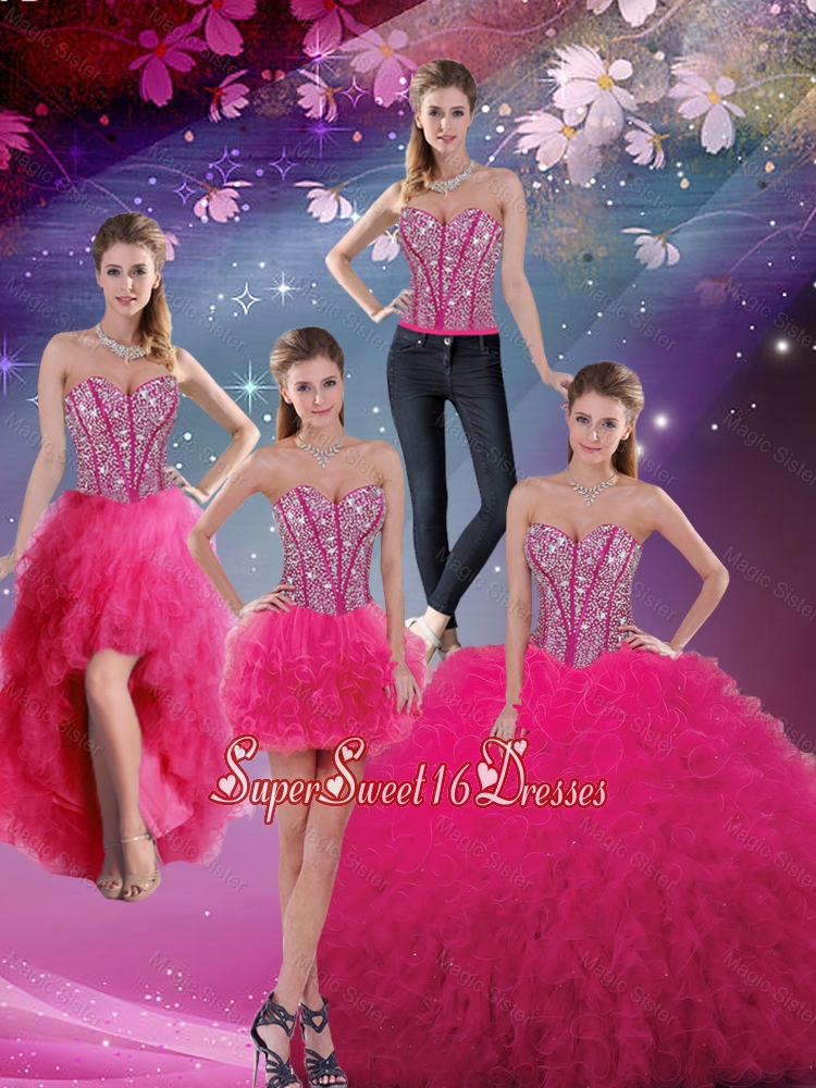 Pretty Sweetheart Beaded and Ruffles Detachable Quinceanera Dresses in Hot Pink