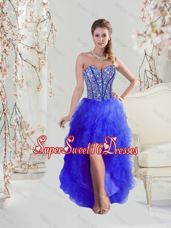Cheap Beaded and Ruffles High Low Quinceanera Dama Dresses in Royal Blue