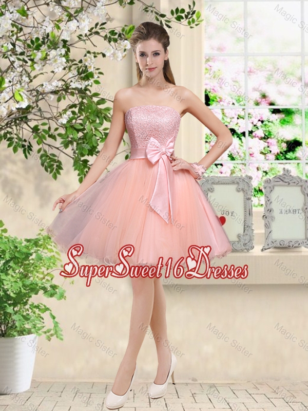 Popular Strapless Mini Length Quinceanera Dama Dresses with Appliques and Bowknot
