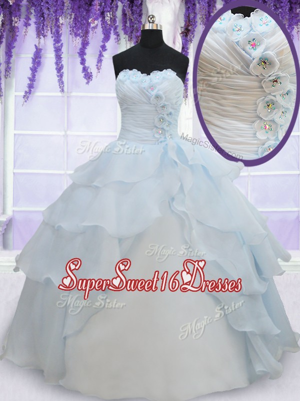 2017 Pretty Light Blue Organza Quinceanera Dress with Appliques and Ruffled Layers