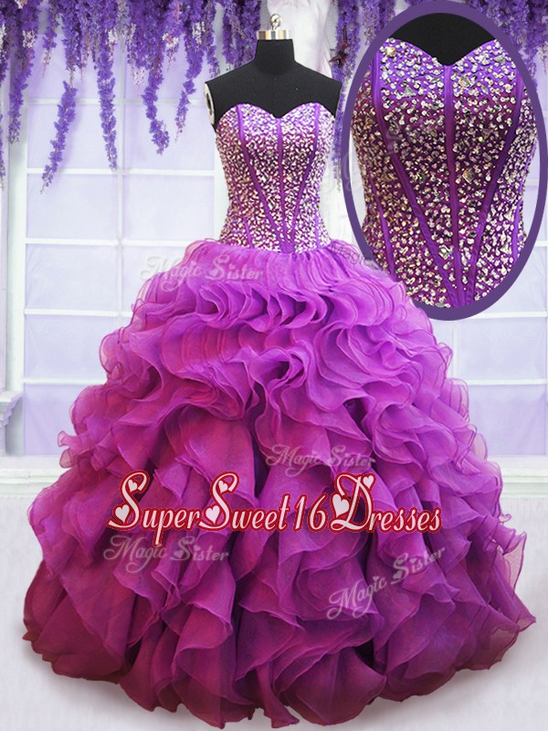 Affordable Visible Boning Eggplant Purple Quinceanera Dress with Beaded Bodice and Ruffles