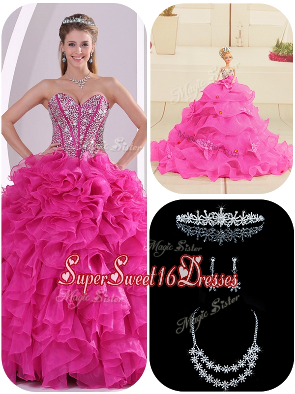 Pretty Ruffles and Beading Fuchsia Quinceanera Gowns