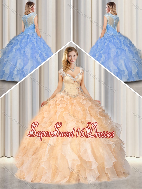 Pretty Straps Champagne Quinceanera Gowns with Beading and Ruffles