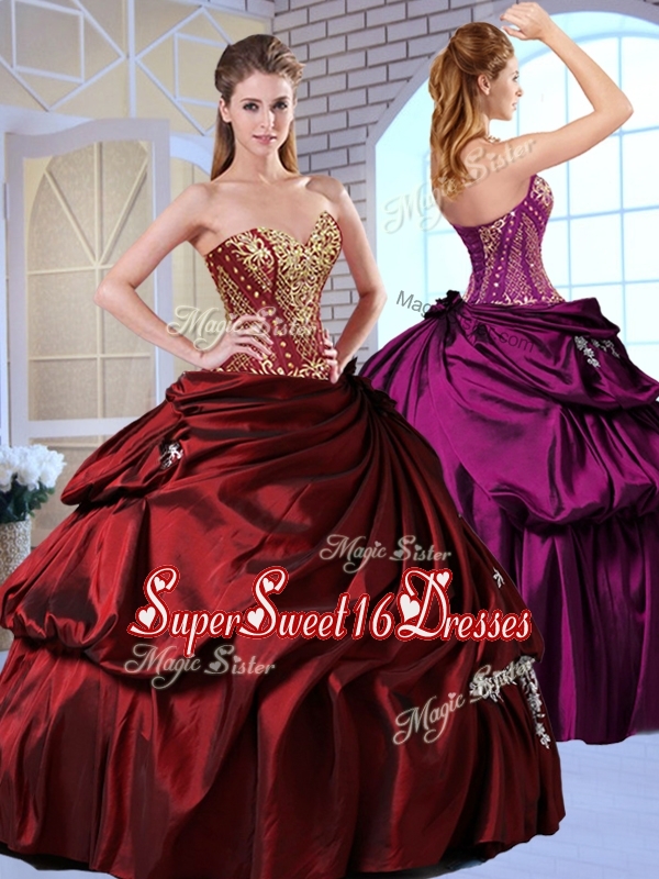 Cheap Ball Gown Taffeta Wine Red Quinceanera Gowns with Pick Ups