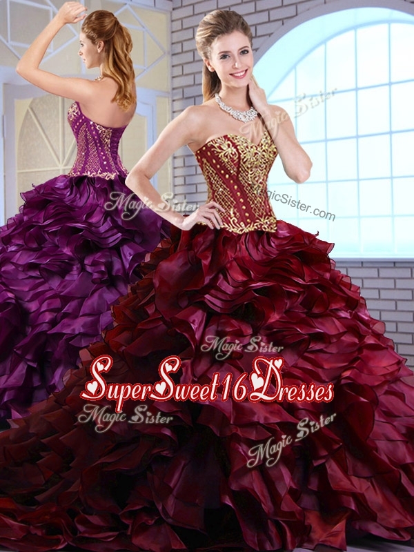 2016 Best Brush Train Ruffles and Appliques Quinceanera Gowns in Wine Red