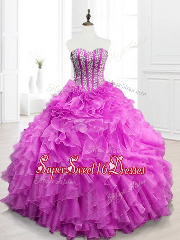 In Stock Beading and Ruffles Fuchsia Quinceanera Gowns for 2016