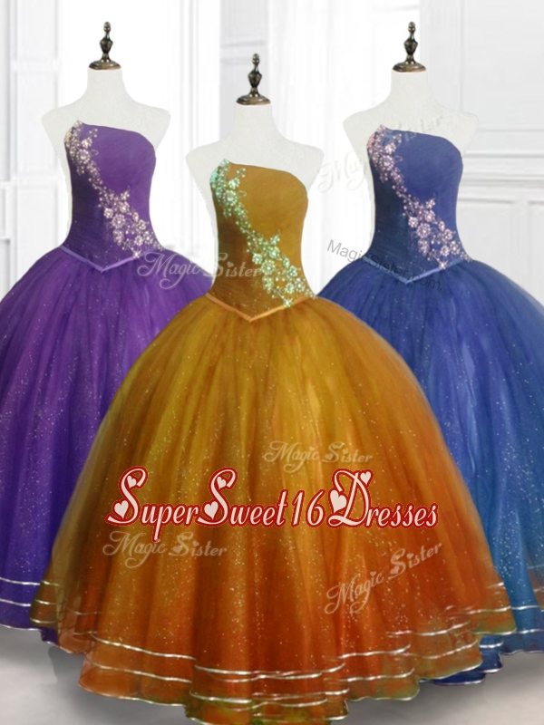 2016 In Stock Ball Gown Strapless Organza Quinceanera Dresses with Beading