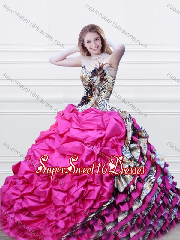 Luxurious V Neck Fuchsia and Printed Quinceanera Dress with Feather and Bubbles