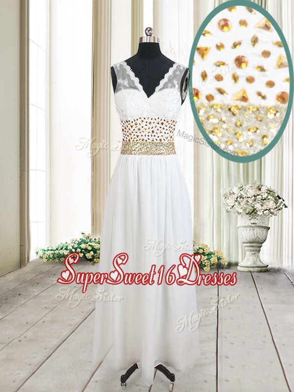 Elegant Beaded and Laced V Neck Chiffon White Dama Dress in Ankle Length