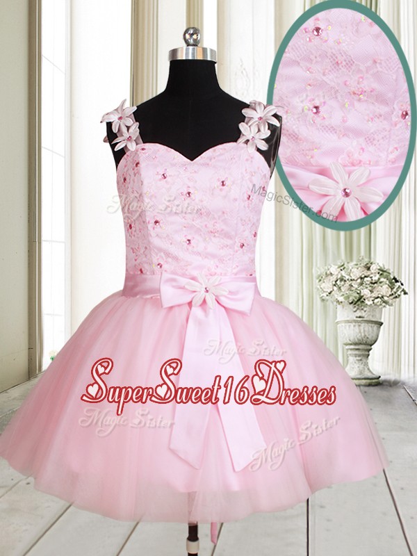 New Applique Decorated Straps Baby Pink Short Dama Dress with Beading and Bowknot