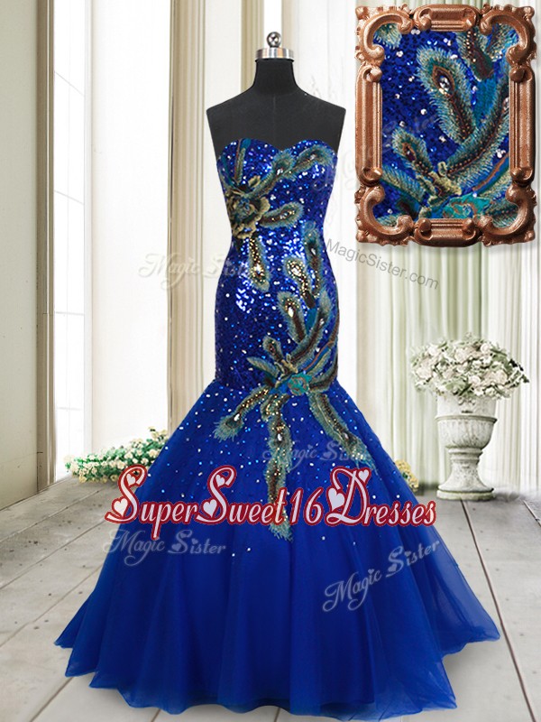Perfect Mermaid Brush Train Tulle Dama Dress with Sequins and Peacock Appliques