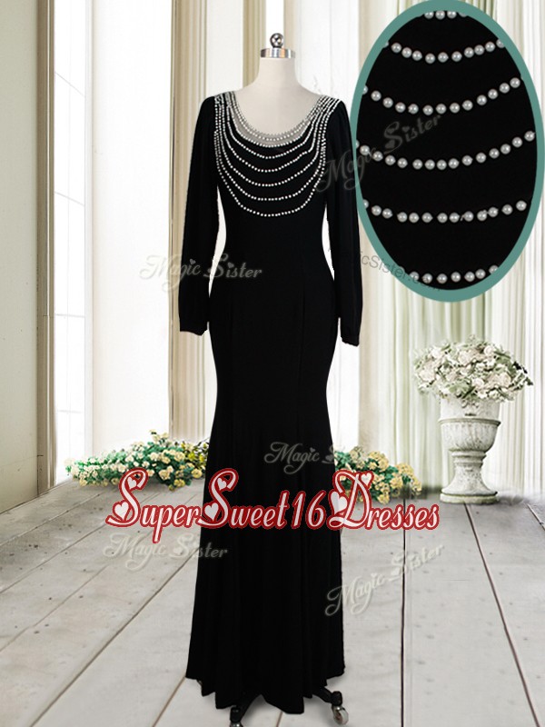 Pretty Column Scoop Pearled Backless Black Dama Dress with Long Sleeves